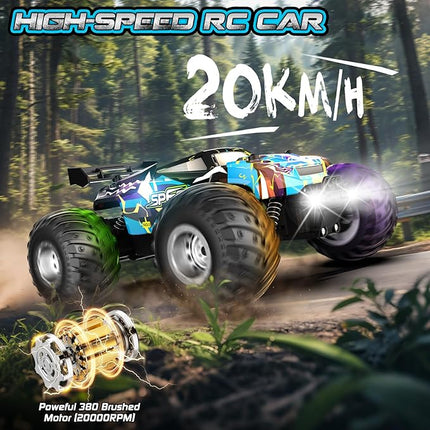 Remote Control Car, 1:18 2WD Off-Road RC Truck 20 KM/H, All-Terrain RC Cars with Headlights, BodyLights, 2.4GH Rechargeable Remote Control Monster Truck, Christmas or Birthday Gift Toys for Boys Girls