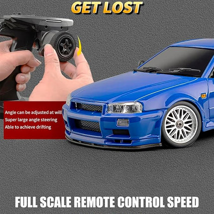 LD1899 1:18 RC Drift Car GTR R34 2.4GHz RWD with Gyroscope on-Road Alloy Body Shell Racing Cars Radio Control (Blue)