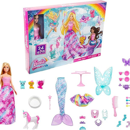 Barbie Dreamtopia Advent Calendar, Fantasy-Themed with 24 Surprises, Daily Toys Include Barbie Fashion Doll, Pets, Clothes & Accessories Like Mermaid Tail & Wings