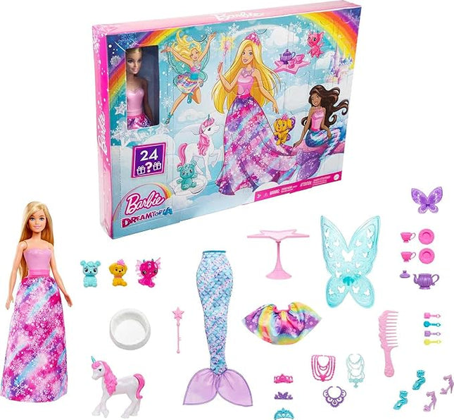 Barbie Dreamtopia Advent Calendar, Fantasy-Themed with 24 Surprises, Daily Toys Include Barbie Fashion Doll, Pets, Clothes & Accessories Like Mermaid Tail & Wings