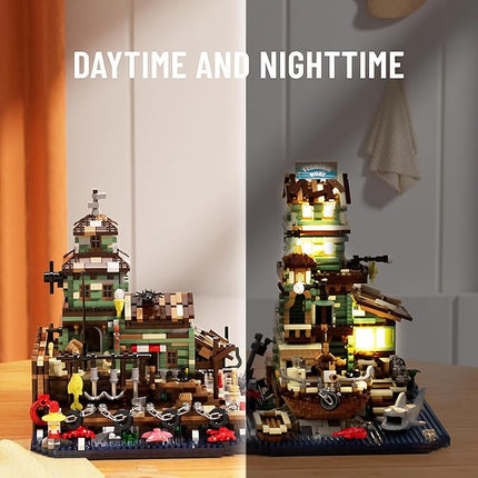 Wooden Fishing Lighthouse House Building Blocks,Village Store Mini Building Blocks Set, Construction Model for Adults Teens Kids Boys Girls 14+