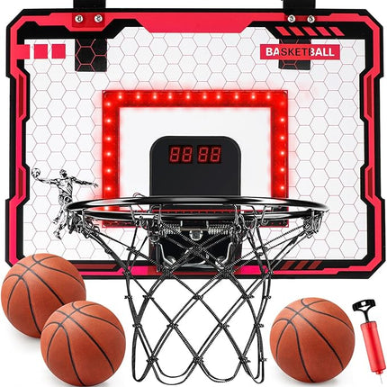 Indoor Basketball Hoop for Kids with Red Led Lights Mini Basketball Hoop with Scoreboard Over The Door Basketball Hoops Birthday Gifts for Kid Basketball Toys for 4-12 Year Old Boys Girls