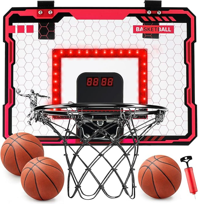 Indoor Basketball Hoop for Kids with Red Led Lights Mini Basketball Hoop with Scoreboard Over The Door Basketball Hoops Birthday Gifts for Kid Basketball Toys for 4-12 Year Old Boys Girls