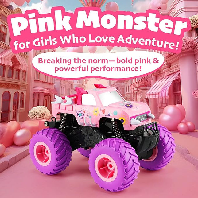Threeking 1:16 Waterproof Pink RC Monster Truck Toys Amphibious Remote Control Car Pickup 4WD All-Terrain Toy Gift for Girls Ages 6 7 8 9 10 11 12 Durable Off-Road Fun for Indoor & Outdoor Play