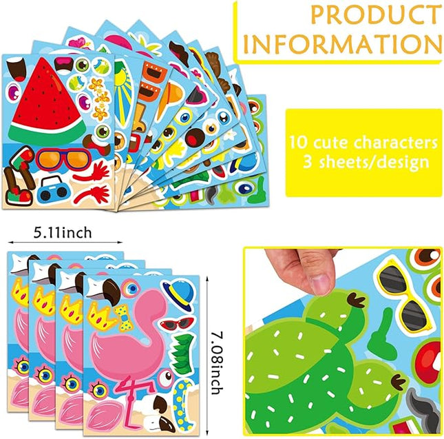 30 Sheets Hawaii Make a Face Sticker Summer Pool Beach Stickers for Kids Make Your Own Watermelon Pineapple Flamingo Stickers for Tropical Luau Craft Party Decor Sticker Summer Holiday Party Favors