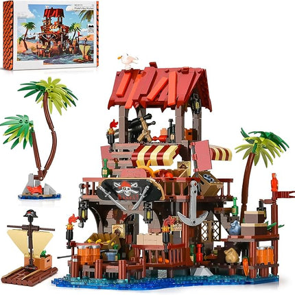 Pirate Ship Wharf Market Building Set,Medieval Pirate House Architecture Building Block Toy,Construction Model for Home Decor,Ideal Gift for Adults Teens Boys 8+