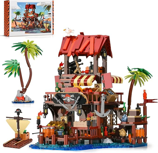 Pirate Ship Wharf Market Building Set,Medieval Pirate House Architecture Building Block Toy,Construction Model for Home Decor,Ideal Gift for Adults Teens Boys 8+