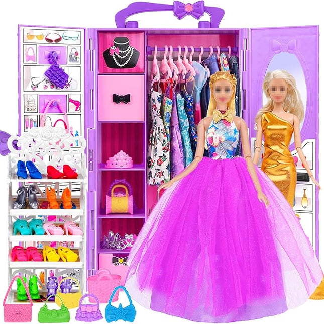 11.5 inch Doll and Doll Accessories - 101 Pcs Doll Closet Playest Including Shoes Rack,Dress,Shoes Hangers Accessories