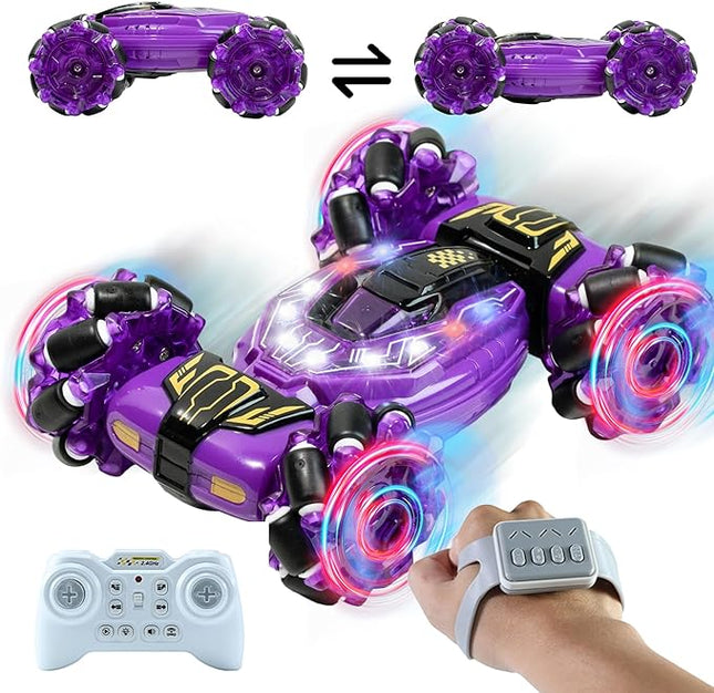 GRANTLEY Gesture Sensing RC Stunt Car - 4WD 2.4GHz Remote&Hand Control Gesture Sensing Car, Double Sided 360° Rotating Off Road Twist Cars with Lights & Music, Gift for Boys Girls