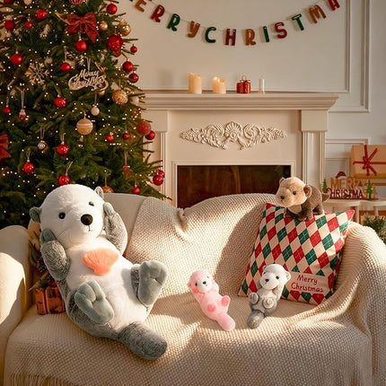 MorisMos 5Pcs Sea Otter Stuffed Animal with Babies,23.6'' Giant Mommy Stuffed Otter Toy with 3 Babies & Plush Seashell, Boy Girl Sea Animal Toys for Kids 3-5 Birthday Christmas Decor