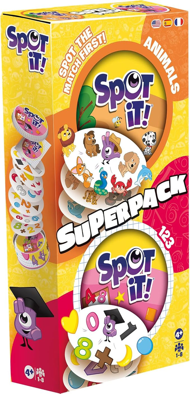 Asmodee Spot It! Super Pack Kids (2024 Refresh) Eco Big Box - Includes Animals and 1,2,3 Editions, Family Card Game Bundle for Quick Reflexes! Ages 6+, 2-8 Players, 10 Minute Playtime