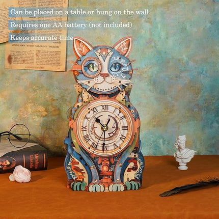 3D Wooden Puzzles for Adults Cat Clock - Model Building Kit Clock Puzzle Creative Craft Gift Home Deco for DIY Enthusiasts, Brain Teaser Building Set Birthday Gifts