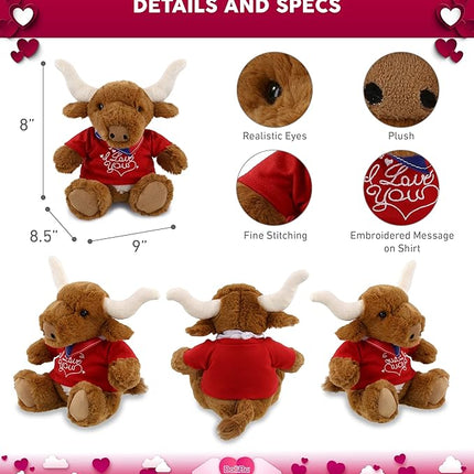 DolliBu I Love You Valentine Texas Longhorn - Cute Stuffed Animal with Red Shirt and Name Personalization Gift for Valentines Day, Birthday, Anniversary, Romantic Date - 9 Inches