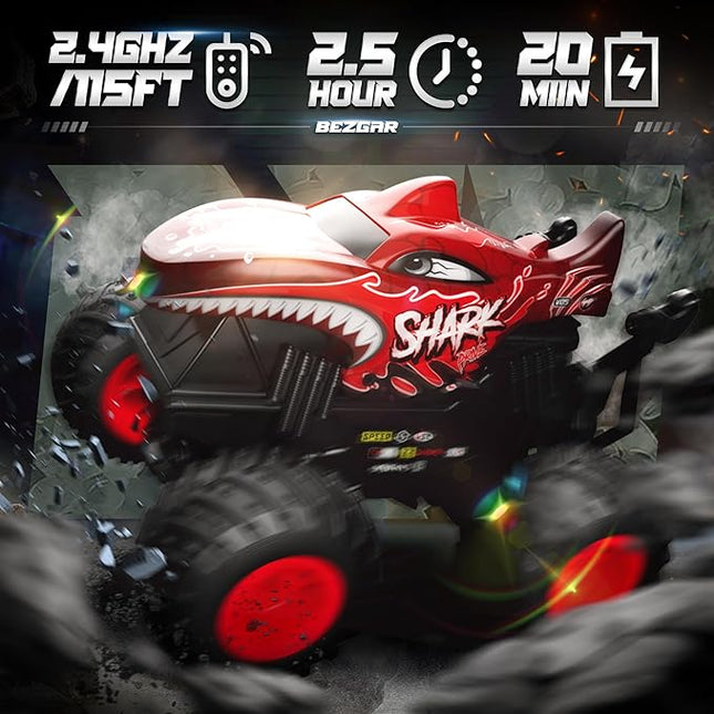 BEZGAR Monster Truck Toys - Remote Control Monster Truck with Light & Music, Dinosaur Toys for Kids, 1:20 Scale RC Truck with 360° Spins and Drifting, Remote Control Car for Boys 4-7 Red