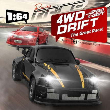 Mini RC Drift Car with Lights, 1:64 4WD 2.4GHz Remote Control Car for Kids Adults (Blue)