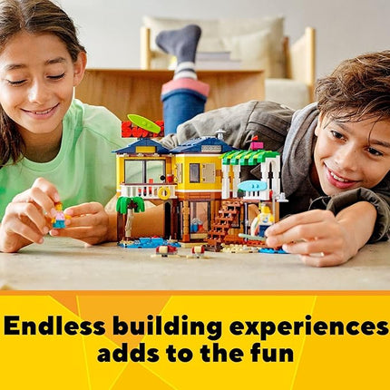 LEGO Creator 3 in 1 Surfer Beach House with 2 Minifigures and Dolphin Figure, Transforms from Surf Shack to Lighthouse to Pool House, Great Building Toy Set for Kids, Girls, and Boys Ages 8+, 31118