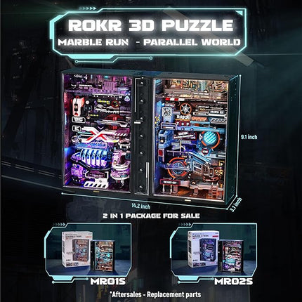 ROKR 2 in 1 Marble Run kit, 3D Plastic Puzzles for Adults, The Last City and The Future City Two Metal Models DIY Miniature Building Toy Kits, Gift for Women Men (Parallel World MRX01)
