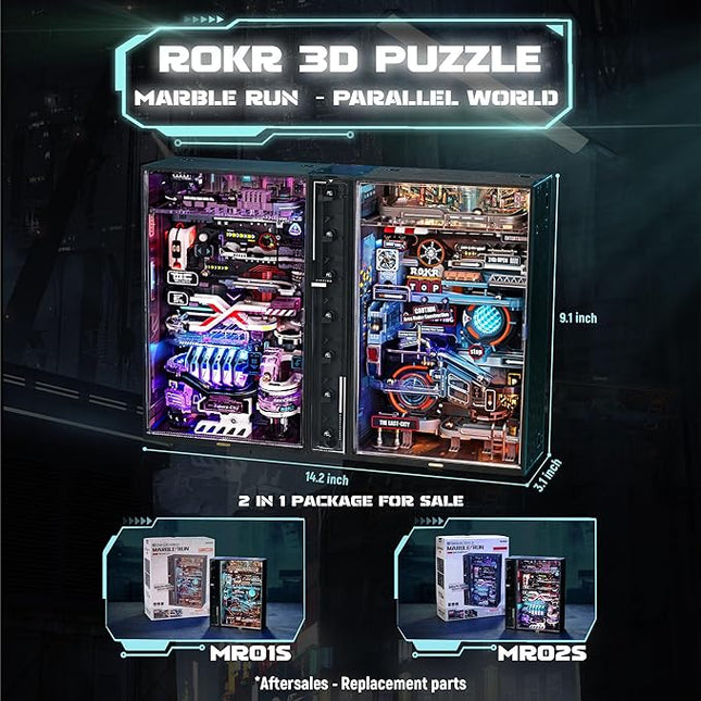 ROKR 2 in 1 Marble Run kit, 3D Plastic Puzzles for Adults, The Last City and The Future City Two Metal Models DIY Miniature Building Toy Kits, Gift for Women Men (Parallel World MRX01)