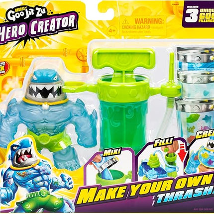 Heroes of Goo Jit Zu Hero Creator Thrash with 3 Unique goo fillings, Mix, Fill & Create Your own Stretchy Action Figure, Play Again and Again