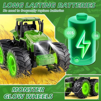 Remote Control Tractor Toys for Kids 3-5, Light Up Monster Trucks Toy for Boys 3,4,5,6,7 Year Old, Toddlers RC Farm Vehicle Toys for Ages 3-7 Years Old, Ideal Birthday Toys Gift for Boys Girls