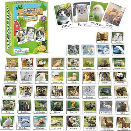 gisgfim 50 Pairs Memory Matching Game Animal Babies Concentration Memory Card Educational Game for Kids Adults A Fun & Fast Baby Animals Game Toddlers Preschool Family Board Gift Matching Games