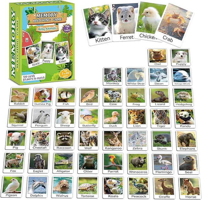 gisgfim 50 Pairs Memory Matching Game Animal Babies Concentration Memory Card Educational Game for Kids Adults A Fun & Fast Baby Animals Game Toddlers Preschool Family Board Gift Matching Games