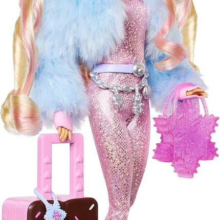 Barbie Extra Fly Doll with Snow-Themed Travel Clothes & Accessories, Sparkly Pink Jumpsuit & Faux Fur Coat