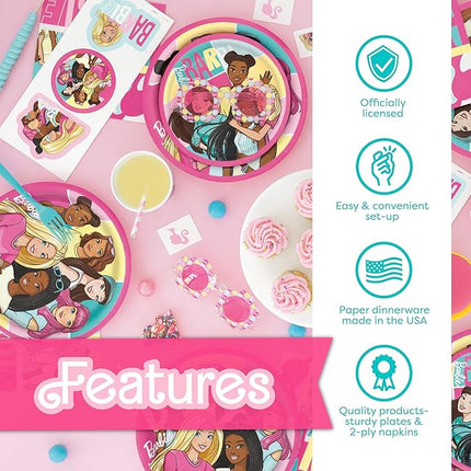 Barbie Birthday Party Decorations | Barbie Party Decorations | Serves 16 Guests | Balloons, Banner, Tablecover, Plates, Napkins, Button | Officially Licensed