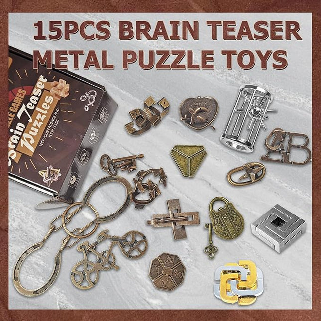 15 Pcs Brain Teaser Metal Wire Puzzles, Mind IQ Test Unlock Toy, Interlock Challenge Puzzle Game Educational Toy Gift for Boys Girls Teens Adults, #A