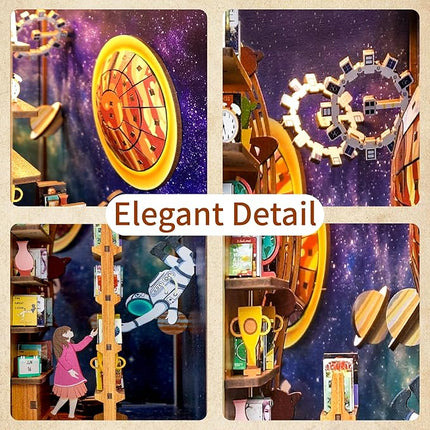 Tonecheer DIY Book Nook Kit for Adults,3D Wooden Puzzle Bookend Bookshelf Insert Library Decor, Booknook Miniature House Kit with Body Motion Sensor LED Light（Interstellar）