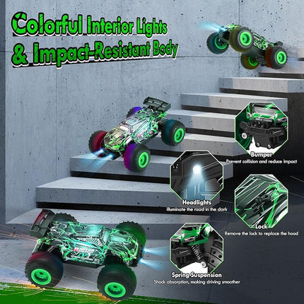 Remote Control Car, 1:18 Rc Cars, All-Terrain RC Truck with LED Light, 20KM/H, Rechargeable, 2WD, 2.4GHz, Sturdy PVC Shell, Remote Control Truck for Boys 4-7 8-12, Beginner (Green)