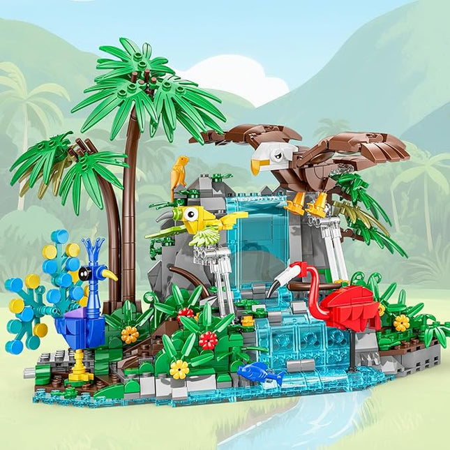 Rainforest Animal Building Set - 898PCS Jungle Theme Building Toy with Waterfall & Botanicals, Animal Sets Eagle, Flamingo & Peacock, STEM Educational Gift for Adults