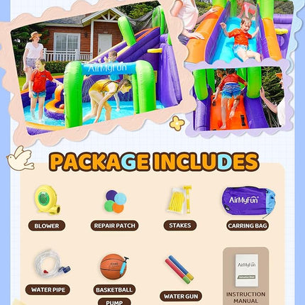 AirMyFun Water Bounce House Inflatable Bounce House for Kids with Blower. Family Backyard Bouncy Castle with Fun Doorway Tunnel, Climbing Wall, Long Safe Return Curved Slide and Ball Shooting