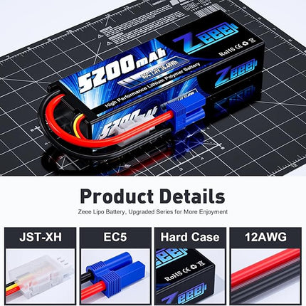 Zeee 2S Lipo Battery 7.4V 5200mAh 80C Hard Case Battery with EC5 Plug Compatible with 1/8 1/10 RC Vehicles Car Slash RC Buggy Truggy RC Airplane Drone(2 Pack)