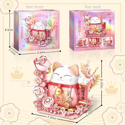 Lucky Cat Building Block Set, Compatible with Lego Cat, 868Pcs Cute Fortune Cat with Flowers Building Blocks, Christmas Birthday Creative Gift for Girls Boys Adult (Pink Cat)