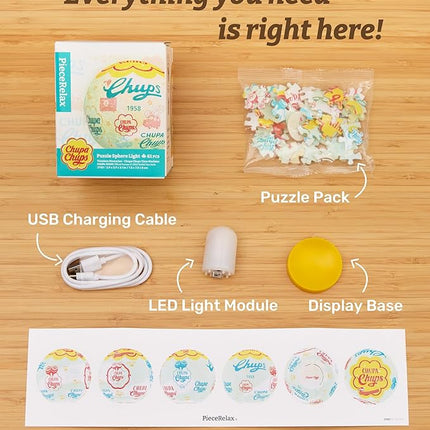 Chupa Chups X PieceRelax 3D Plastic Puzzle Sphere Light for Adults 60 Piece - Timeless Memories - Chupa Chups Time Machine Unique Gift & Home Décor with Curved Plastic Puzzle Pieces [J1151]
