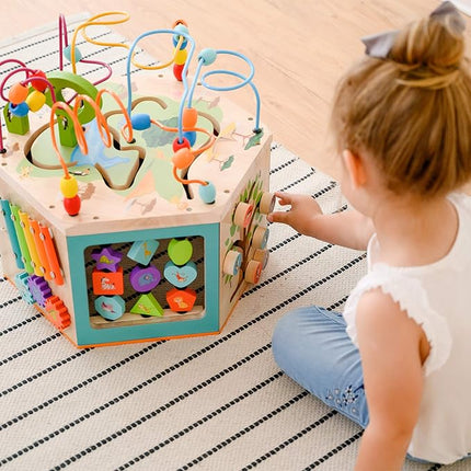 Teamson Kids Preschool Play Lab 7-in-1 Large Wooden Activity Cube Station Center Bead Maze and Counting for Kids Baby Toys, Natural