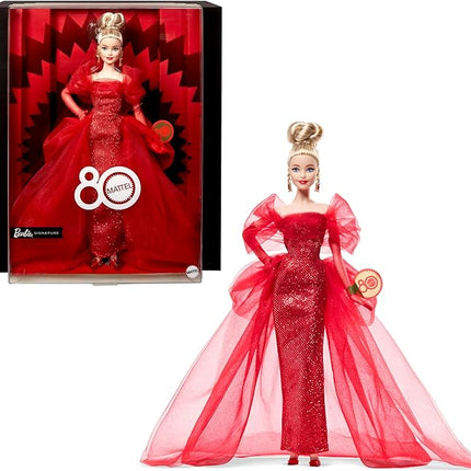 Barbie Signature Doll, Mattel 80th Anniversary Collectible in Glittery Red Tulle Gown with Drop Earrings and Sheer Gloves, Blonde Hair