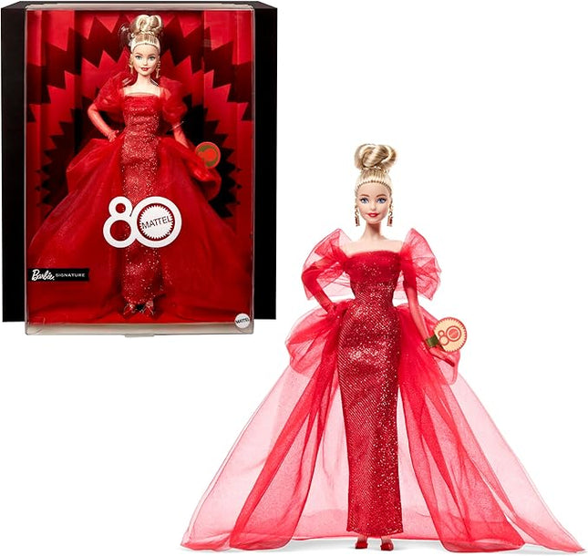 Barbie Signature Doll, Mattel 80th Anniversary Collectible in Glittery Red Tulle Gown with Drop Earrings and Sheer Gloves, Blonde Hair
