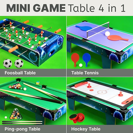 4 in 1 Mini Game Table 28"– Multi Game Table for Adults and for All Family Mini Air Hockey Table, Mini Ping Pong Table, Foosball Table, Pool Table - Tabletop Game