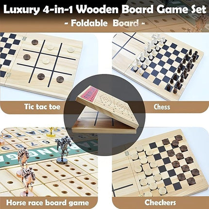 Horse Race Board Game Metal Horses, 4-in-1 Foldable Horse Racing Game with Cards and Dice, Horse Racing Board Game of Thickened Solid Wood, Horse Race Game Board Adult for Parties Outdoor Travel