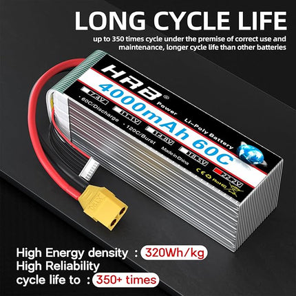 HRB 6S Lipo Battery XT90 4000mAh 60C Soft Case 22.2V RC Lipo Battery for RC Quadcopter Helicopter Car Truck Boat Hobby (2packs)
