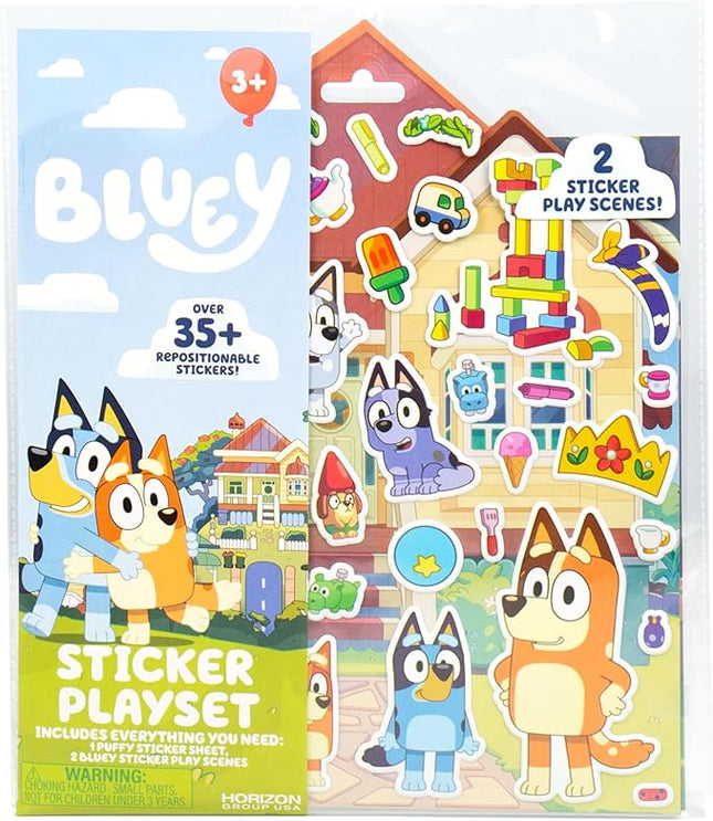 Horizon Group USA Bluey Sticker Playset, 2 Sticker Play Scenes, 35+ Reusable Puffy Bluey Repositionable Stickers for Kids, Perfect for Travel, Screen-Free Fun