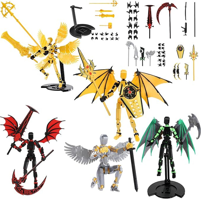 T13 Action Figure Set & Titan 13 Toys 5 Pack（3d Printed Action Figures Assembly Completed）（Multi-Jointed Movable）（Angel Designs Includes Various Accessories）Dummy 13 T 13 Figures Desk Decoration 5.5in