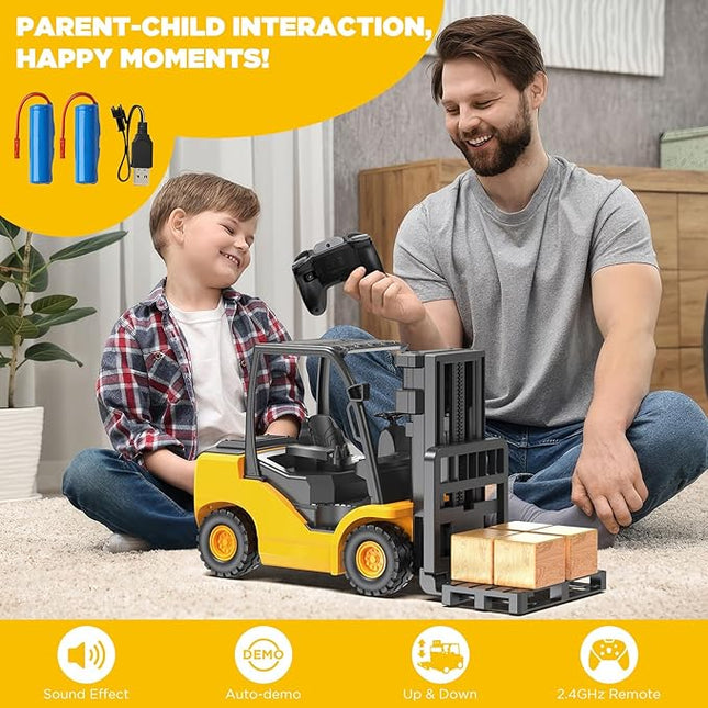 9-Channel Remote Control Forklift Truck – 1:18 Scale Construction Toy, Realistic Lights & Sounds, High-Grip Rubber Tires, Lift & Transport Action, 100-Minute, for Kids & Adults Birthdays