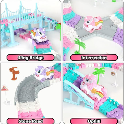 268 PCS Unicorn Race Tracks for Kids Toys, Glow in The Dark Magic Toy Set, 2 Unicorn Cars Track, Flexible DIY Track Set, Birthday Gift for Age 3-9 Boys Toddler Girls