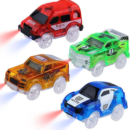 Tracks Cars Magic Light Up Track Cars Toy Glow in The Dark for 3 4 5 6 7 8 Kids Boy Girl, Race Cars with 5 LED Flashing Light Battery Operated Vehicle Compatible w/Most Tracks (4Pcs)