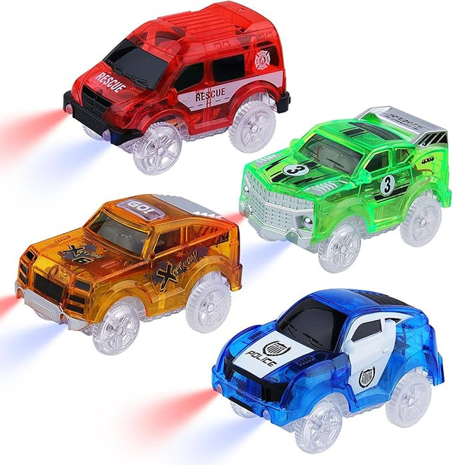 Tracks Cars Magic Light Up Track Cars Toy Glow in The Dark for 3 4 5 6 7 8 Kids Boy Girl, Race Cars with 5 LED Flashing Light Battery Operated Vehicle Compatible w/Most Tracks (4Pcs)