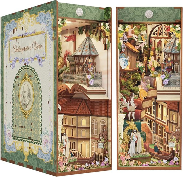 Tonecheer x British Library DIY Book Nook Kit, Shakespeare 3D Wooden Puzzle for Adults, Miniature House Kit Booknook Bookshelf Insert Decor with LED Lights Craft Gifts (Shakespeare's Verse)