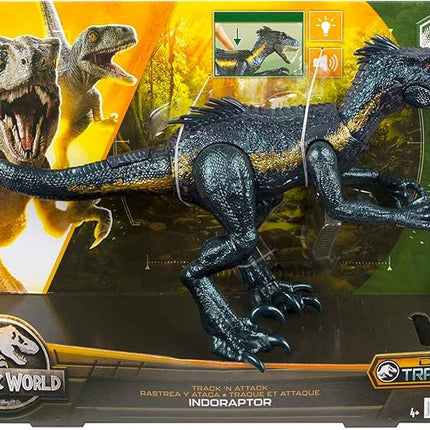 Mattel Jurassic World Dinosaur Figure Indoraptor Track N Attack with Tracking Gear & 3 Attack Features, Toy Gift with Physical & Digital Play